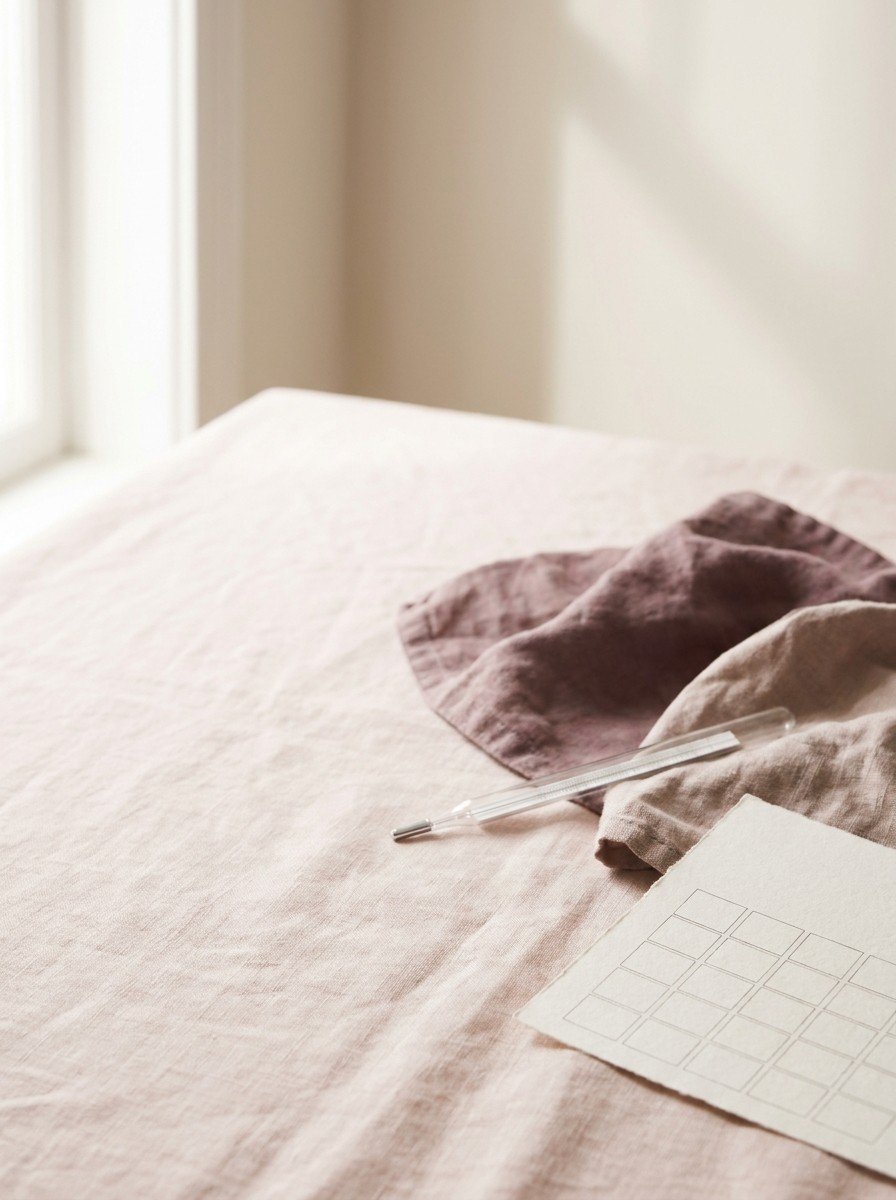 A blank paper calendar page and a plain glass basal thermometer with a plum linen cloth in the lower right of blush linen, upper left empty