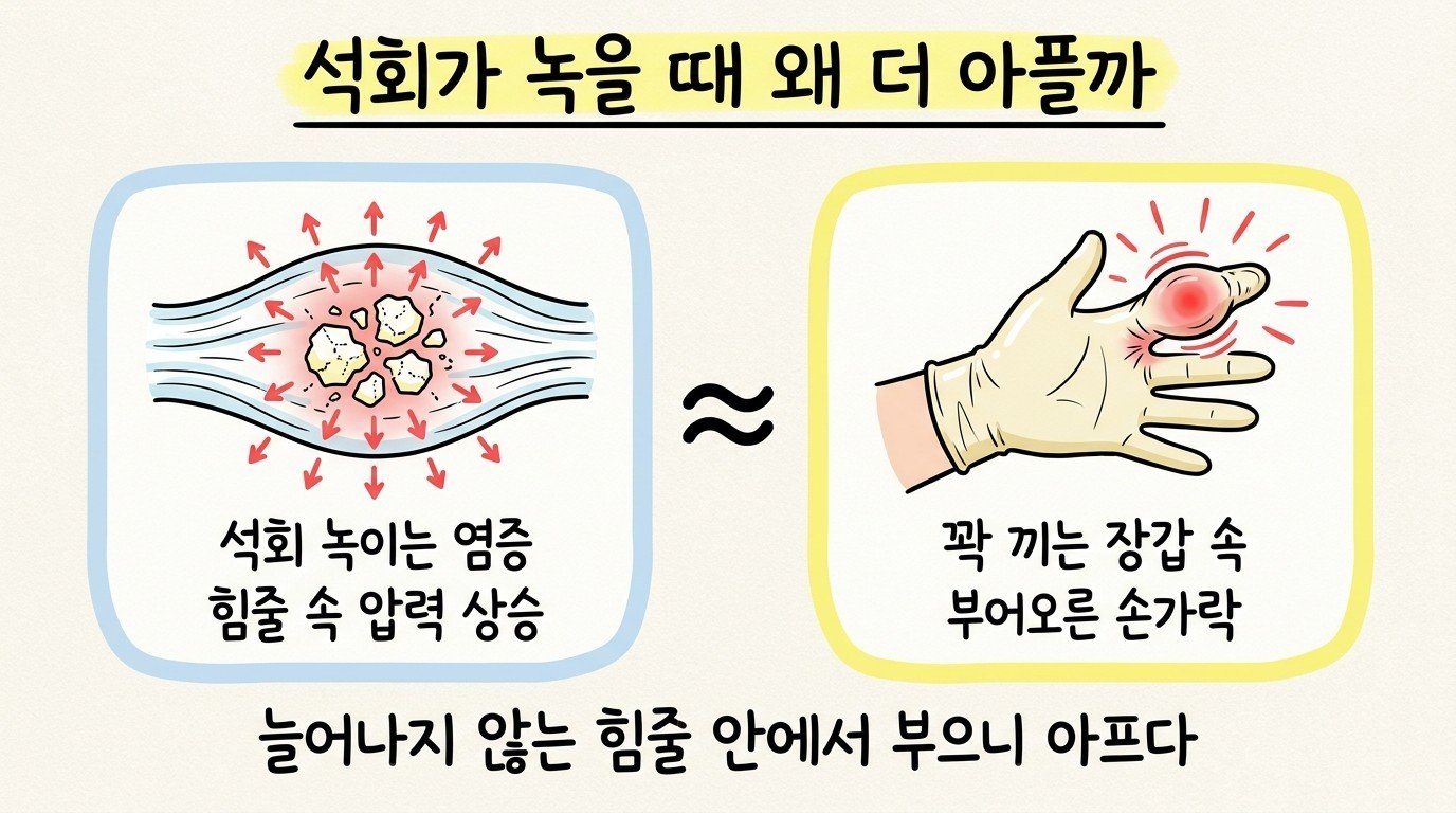 석회가 녹는 시기의 통증은 꽉 끼는 장갑 속에서 부은 손가락과 같다는 비유 그림