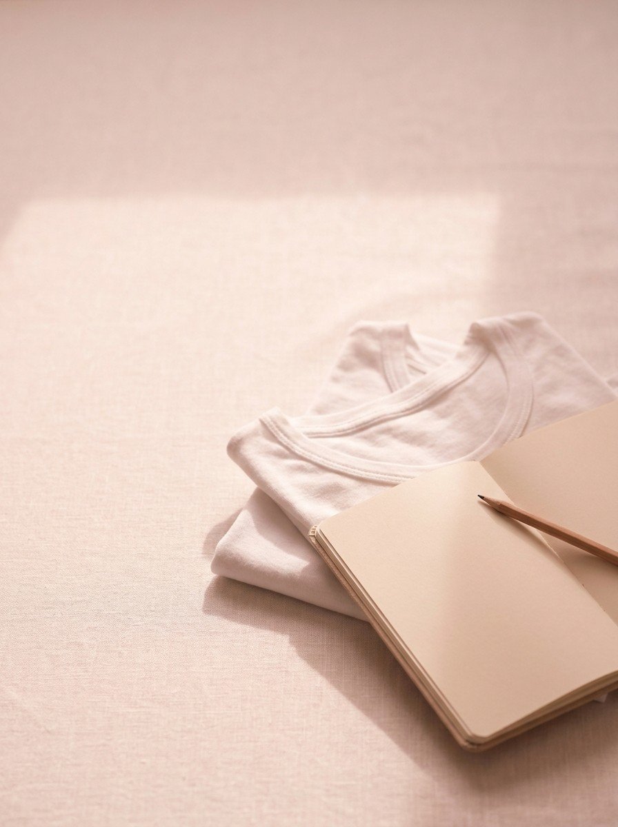 A folded soft white cotton undershirt and an open blank notebook with a pencil in the lower right of cream-rose linen, upper left empty