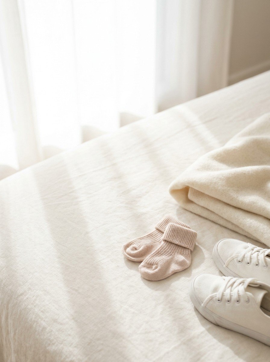 A pair of tiny knitted baby socks beside white walking sneakers and a folded cream blanket at the lower-right of a cream linen surface, the upper-left left empty in soft window light.