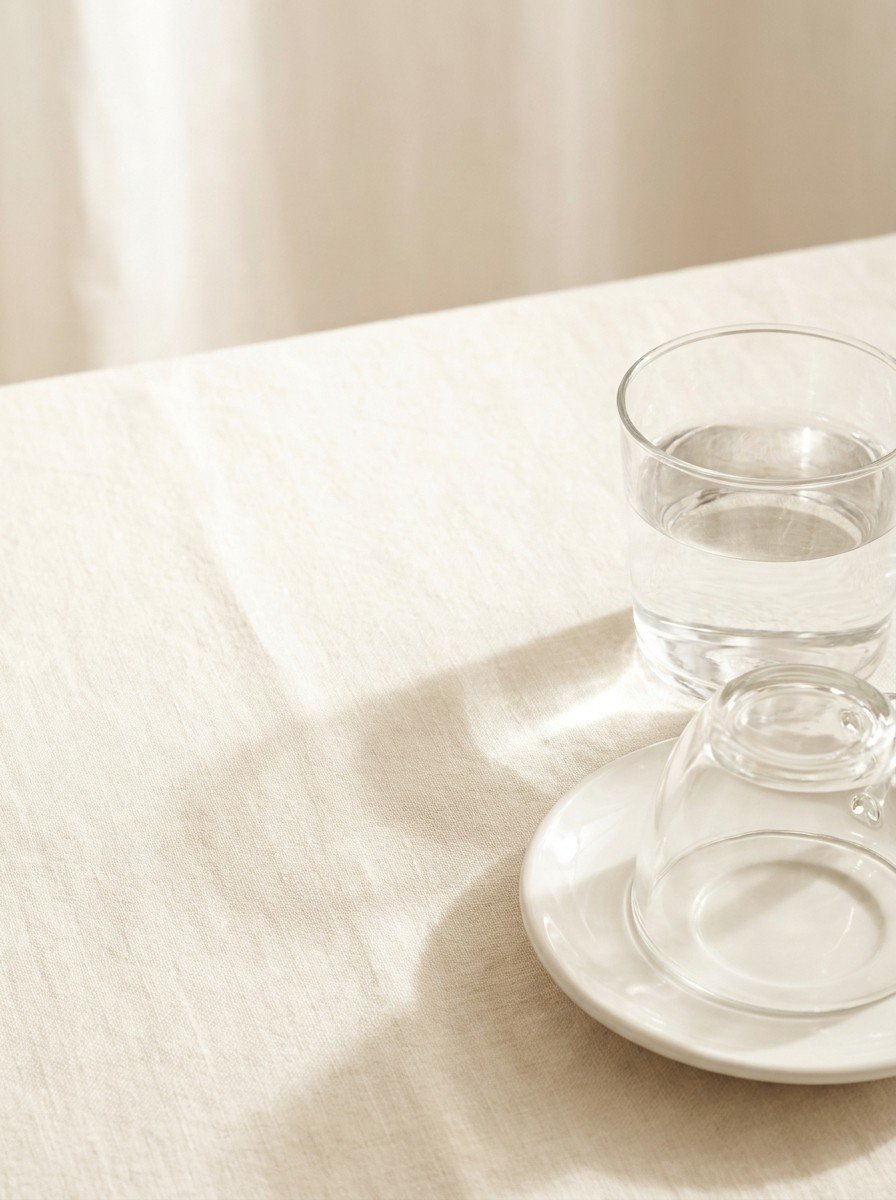 A glass of plain water and an upside-down empty glass teacup on a white saucer at the lower-right of a cream linen table, the upper-left left empty in soft window light.