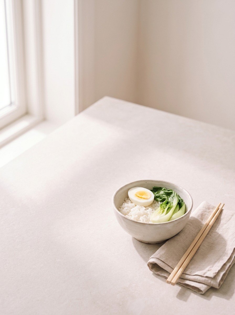 A small bowl of rice with a boiled egg and greens beside chopsticks on a linen napkin at the lower right of a pale stone surface, upper left of the frame left empty