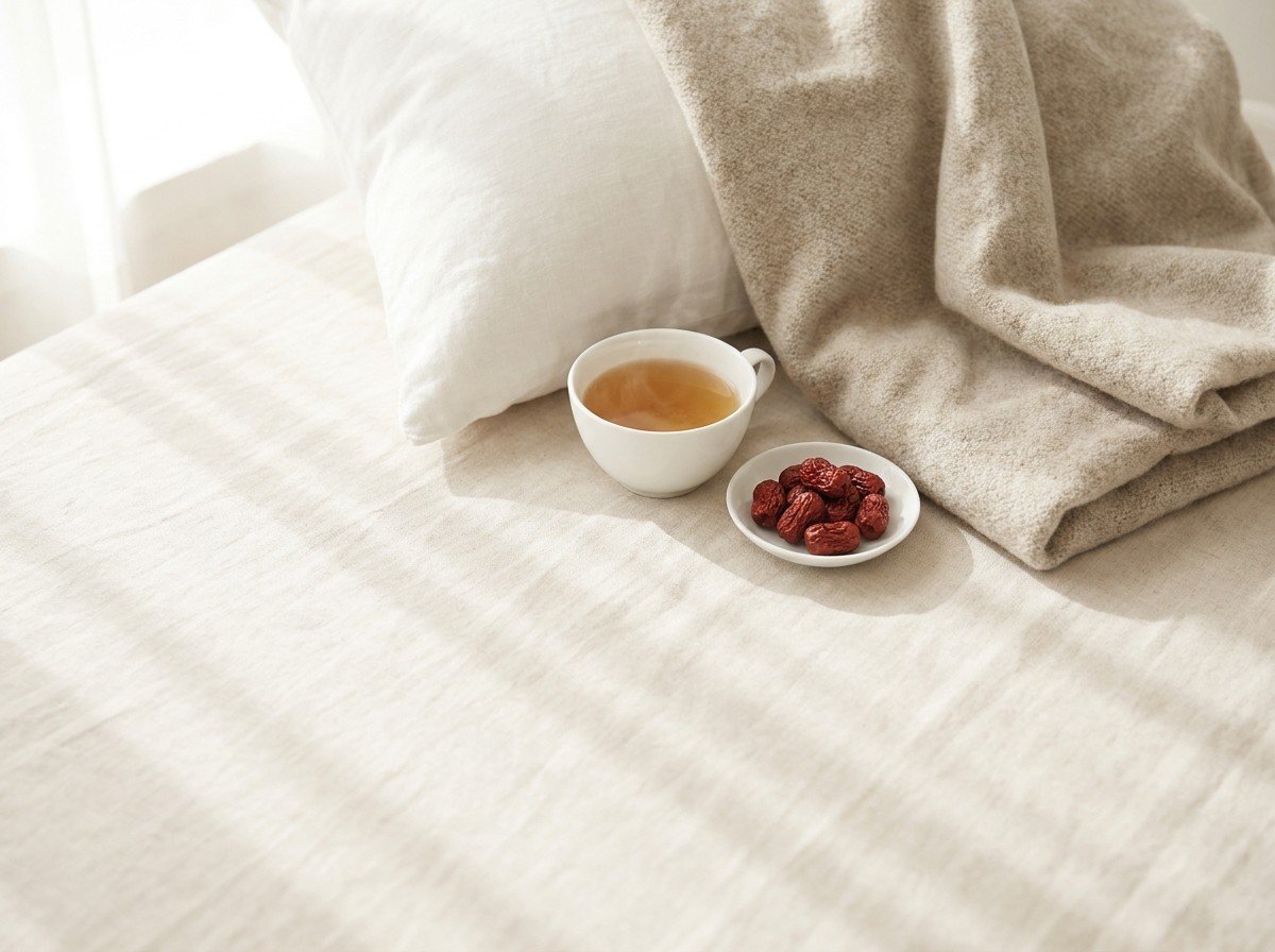 The corner of a white linen pillow, a folded oatmeal wool blanket, a cup of warm barley tea and a small dish of dried jujubes on cream linen in soft morning window light