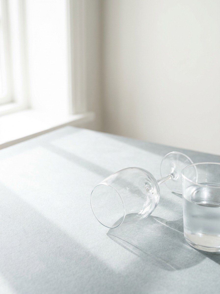 An upside-down empty wine glass and a glass of cold water in the lower right of light gray slate, upper left empty