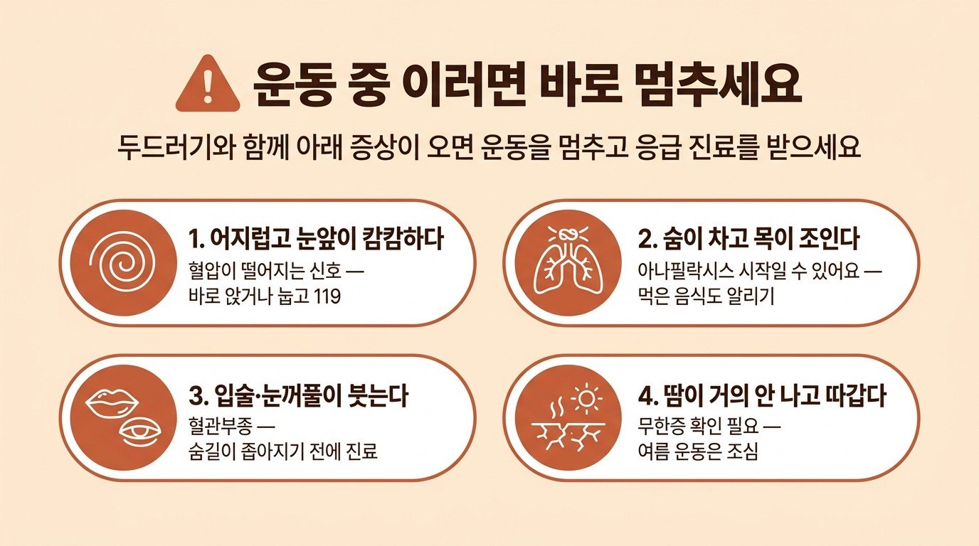 운동 중 이러면 바로 멈추세요 — 어지럽고 눈앞이 캄캄하다, 숨이 차고 목이 조인다, 입술·눈꺼풀이 붓는다, 땀이 거의 안 나고 따갑다