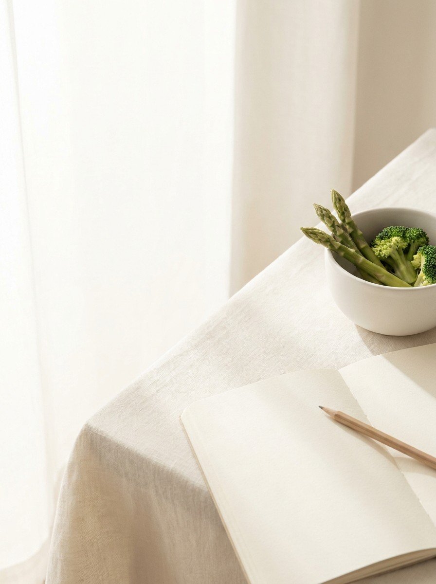 An open blank notebook with a pencil and a small white bowl of steamed green vegetables at the lower-right of a cream linen table, the upper-left left empty in soft window light.