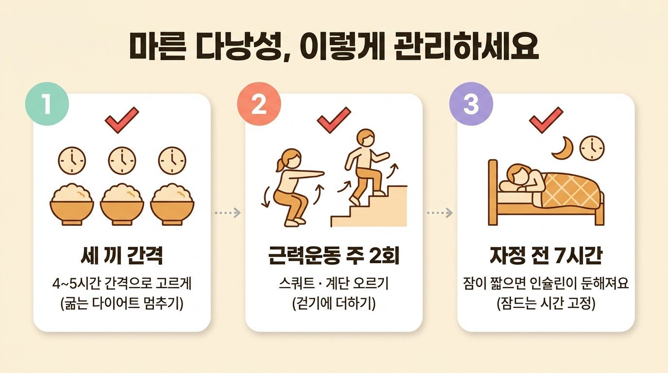 마른 다낭성 관리 가이드 — 세 끼 간격, 근력운동 주 2회, 자정 전 7시간