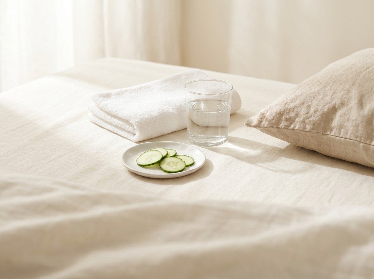 A folded white cotton face towel, a glass of water and a small ceramic dish of cucumber slices grouped beside the corner of a linen pillow on cream linen in soft window light, with open linen below.