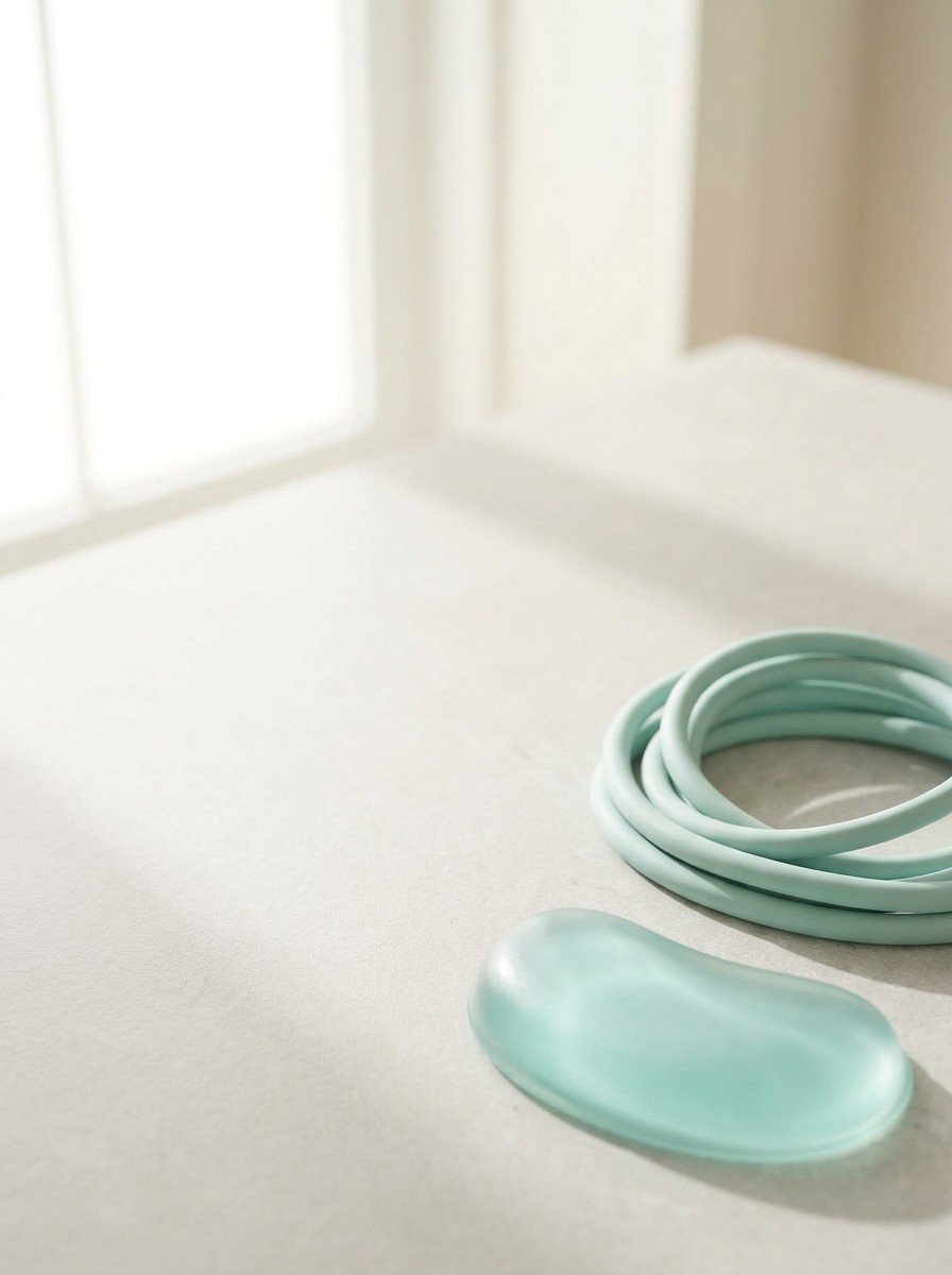 A soft teal gel wrist rest and a coiled teal rubber band at the lower right of pale stone in soft window light, upper left of the frame left empty
