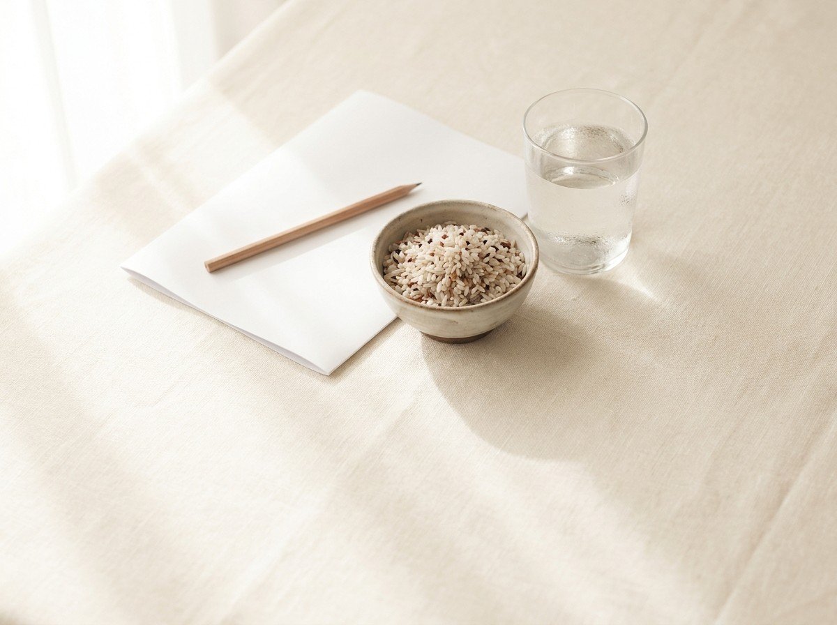 A blank folded sheet of paper with a pencil, a small ceramic bowl of mixed-grain rice and a glass of water grouped on cream linen in soft window light, with open linen below.