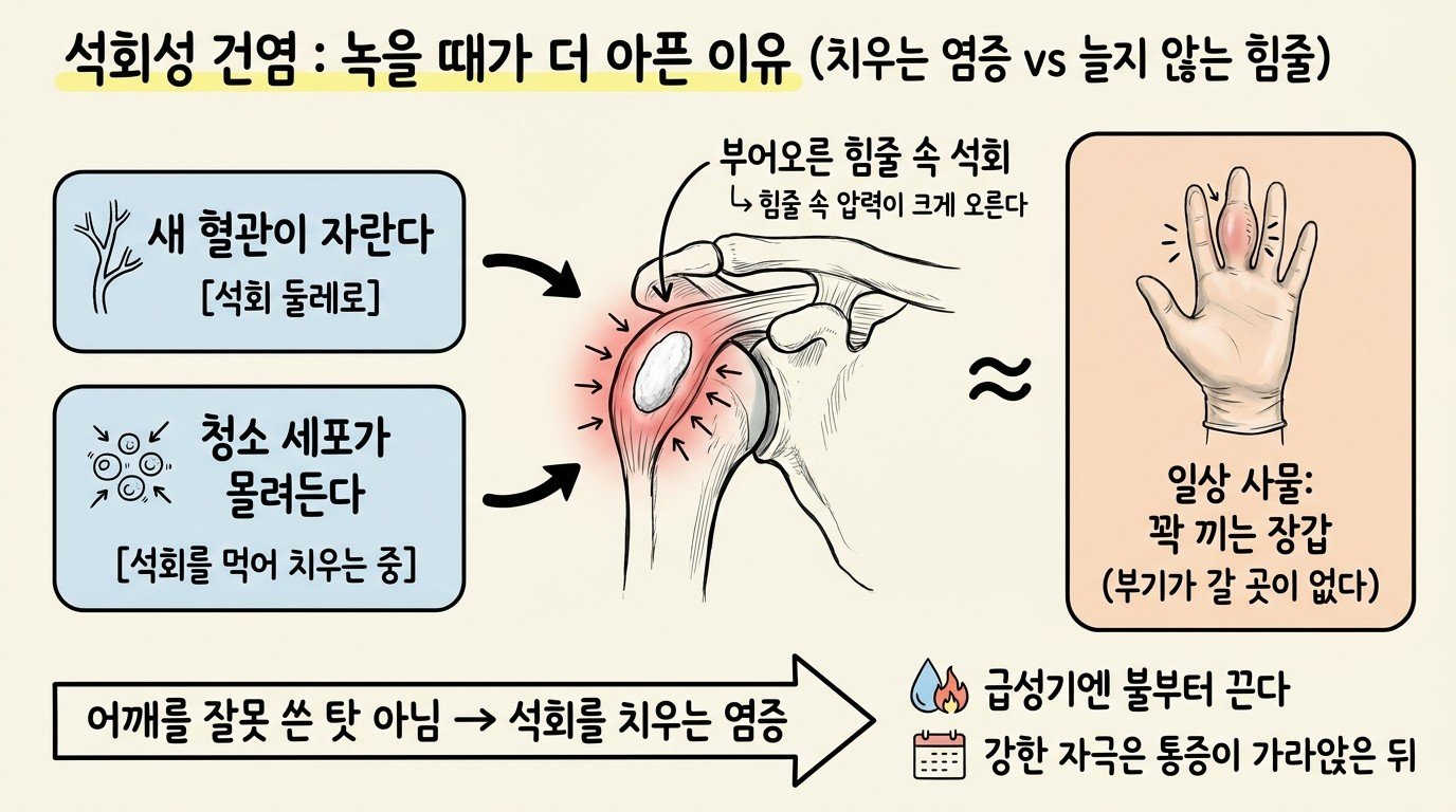 석회를 치우면서 힘줄이 붓고 압력이 오르는 모습을 꽉 끼는 장갑에 빗댄 개념 지도