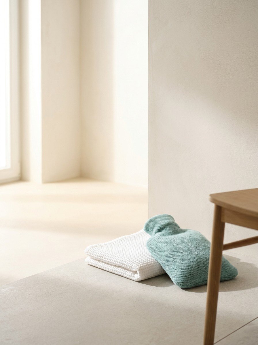 A teal heat pack and a folded white towel beside a light wooden chair at the lower right of a pale stone floor, upper left of the frame left empty