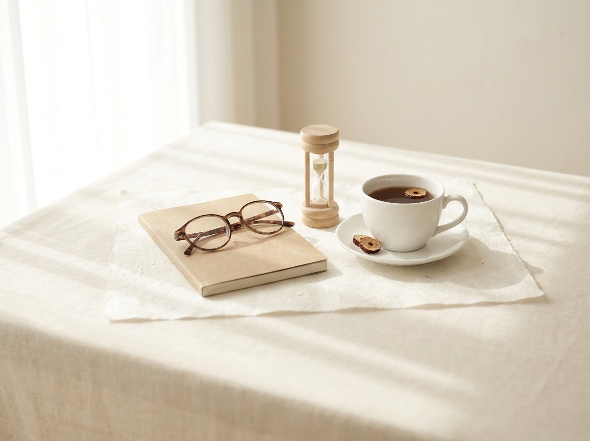 Reading glasses resting on a closed kraft planner, a small wooden hourglass and a white porcelain cup of jujube tea grouped on cream linen and hanji paper in soft window light