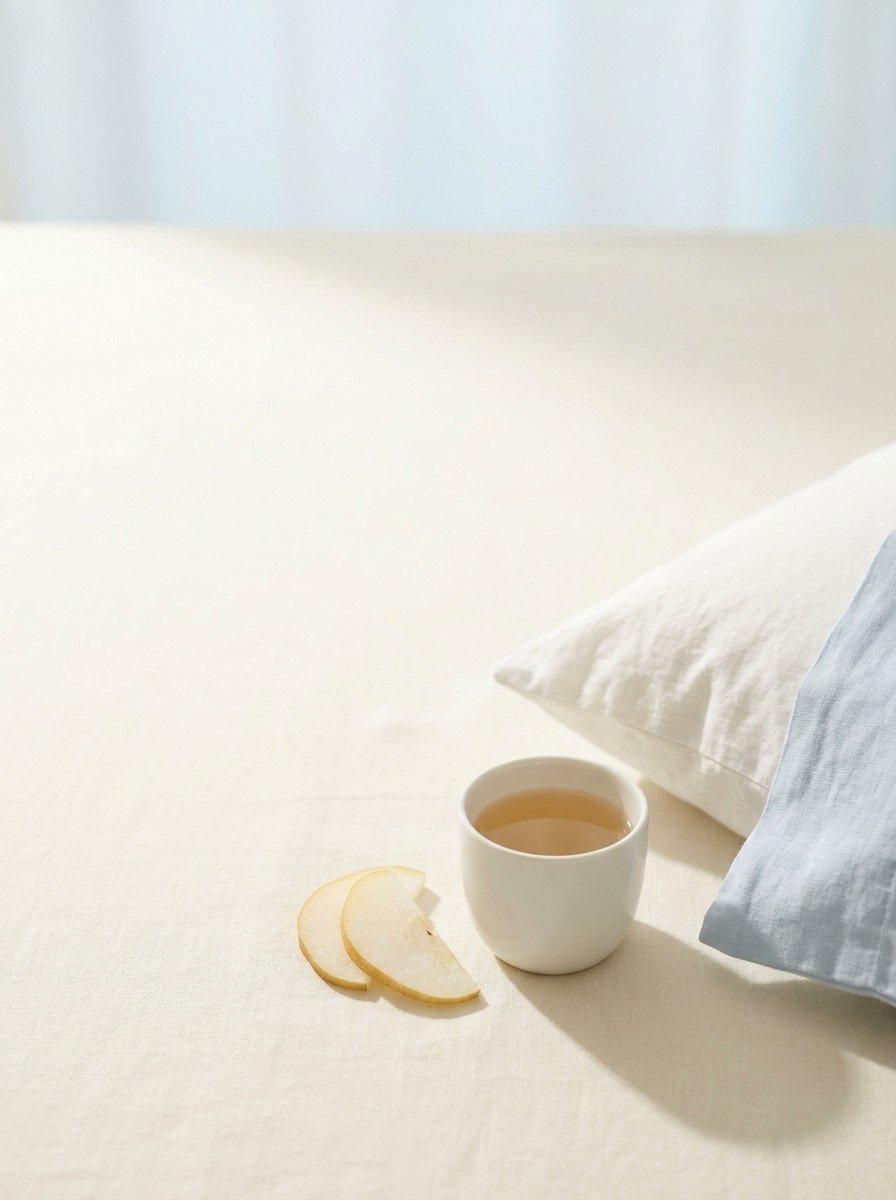 A small white cup of warm pear tea, two thin Asian pear slices and the corner of a white child's pillow in a pale blue case on the lower right of cream linen, upper left left empty