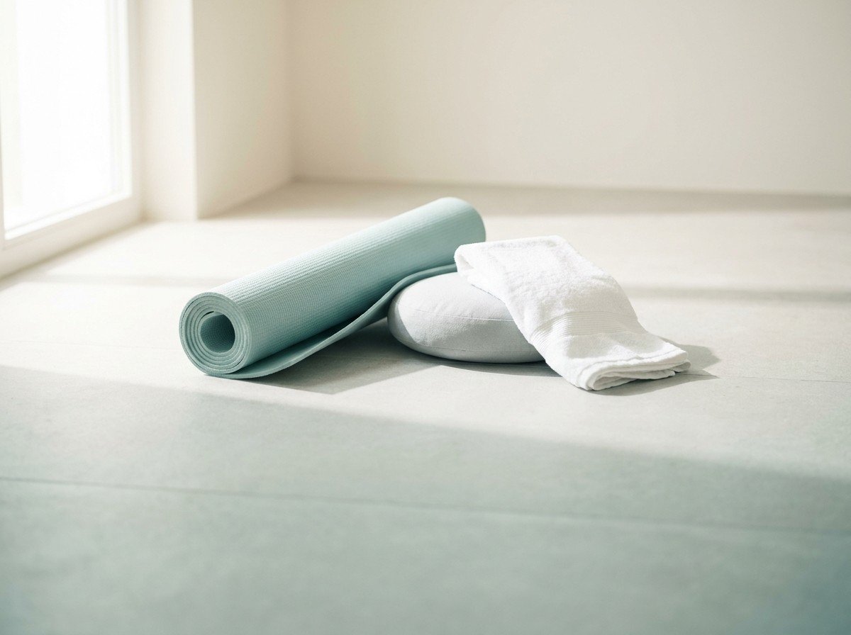 A loosely rolled teal yoga mat, a round gray balance cushion and a folded white towel on a pale stone floor in soft window light