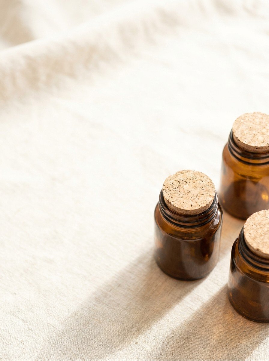 Three unlabeled amber glass jars pushed to the lower right of oatmeal linen, upper left empty