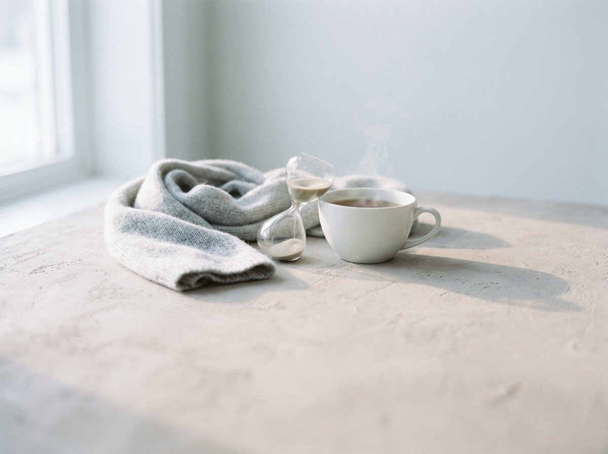 A loosely unwound gray knitted scarf, a small glass hourglass with pale sand and a white cup of steaming tea clustered in the middle of a pale plaster surface by a window