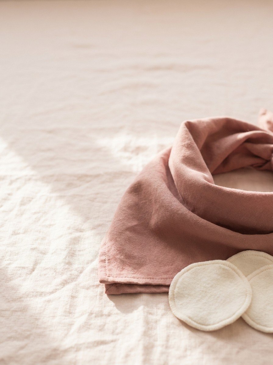 A softly folded rose cotton neck scarf and a few round cotton pads in the lower right of cream-rose linen, upper left empty