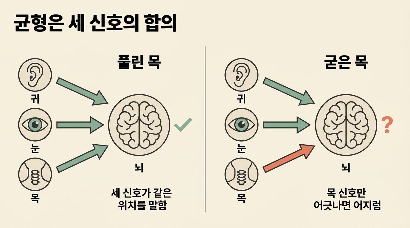 균형은 세 신호의 합의 — 풀린 목은 귀·눈과 같은 위치를 말하고, 굳은 목은 신호가 어긋나 어지럼이 생긴다