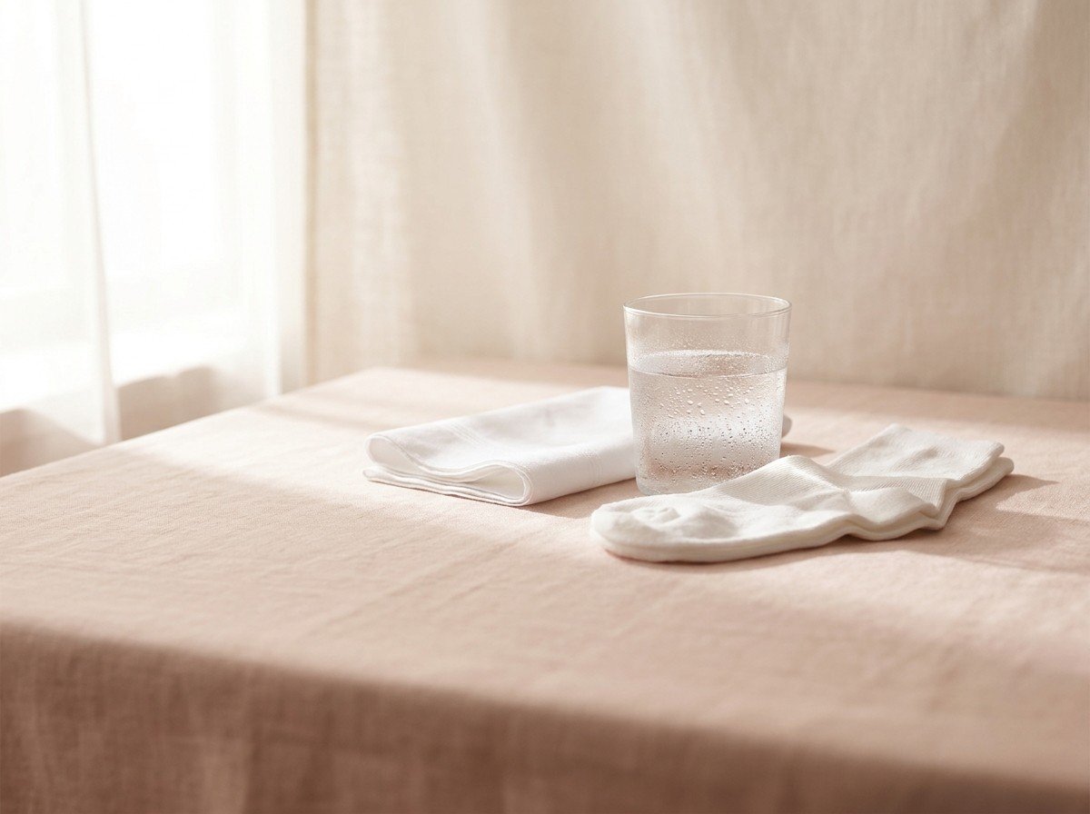 A folded white cotton handkerchief, a glass of cool water with condensation and a pair of thin white cotton socks clustered on cream-rose linen, lower third empty