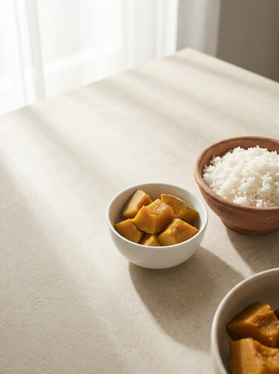 A white porcelain bowl of steamed soft pumpkin and a clay bowl of plain white rice in the lower right of a cream stone tabletop, upper left empty