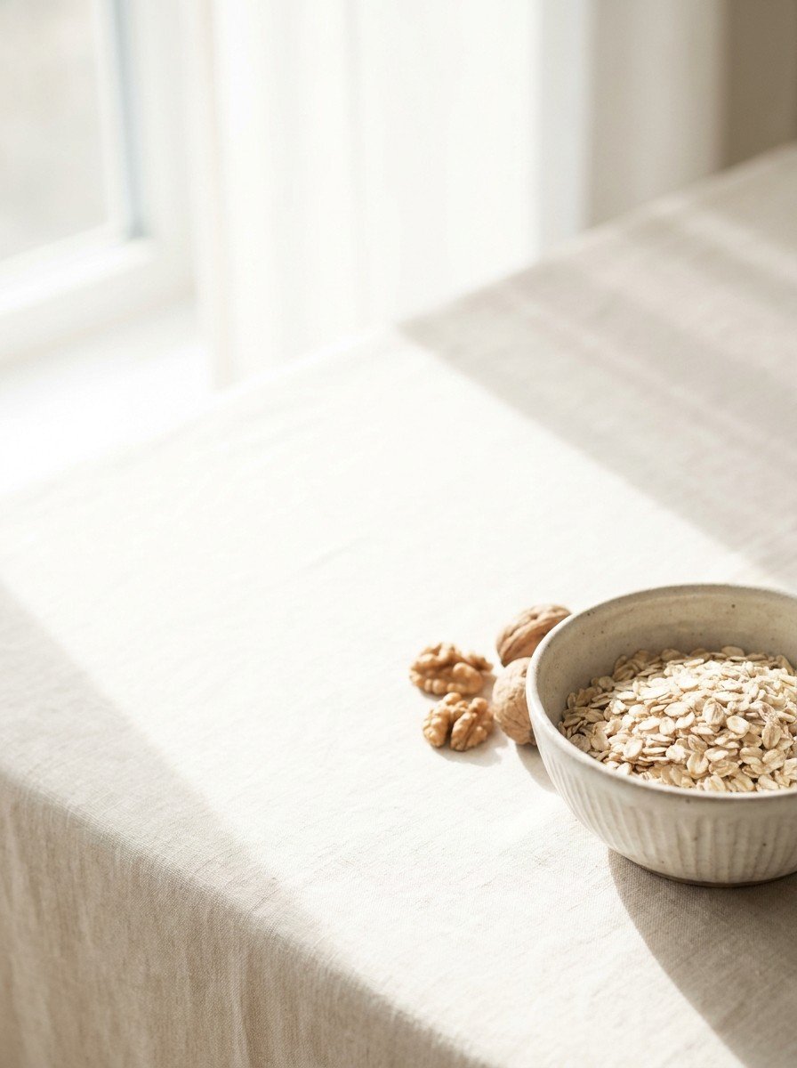 A small bowl of oatmeal with a few walnuts at the lower-right of a cream linen table, the upper-left left empty in soft window light.