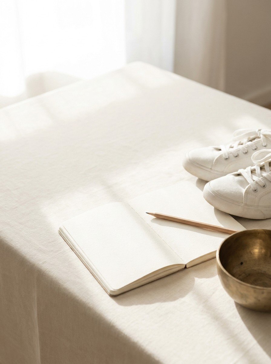 A blank open notebook with a pencil, a pair of plain white sneakers and a small brass bowl on the lower right of cream linen, upper left of the frame left empty