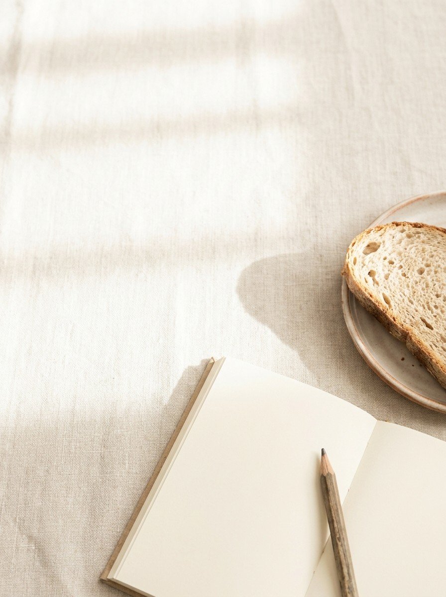 An open blank notebook with a pencil and a slice of bread in the lower right of oatmeal linen, upper left empty