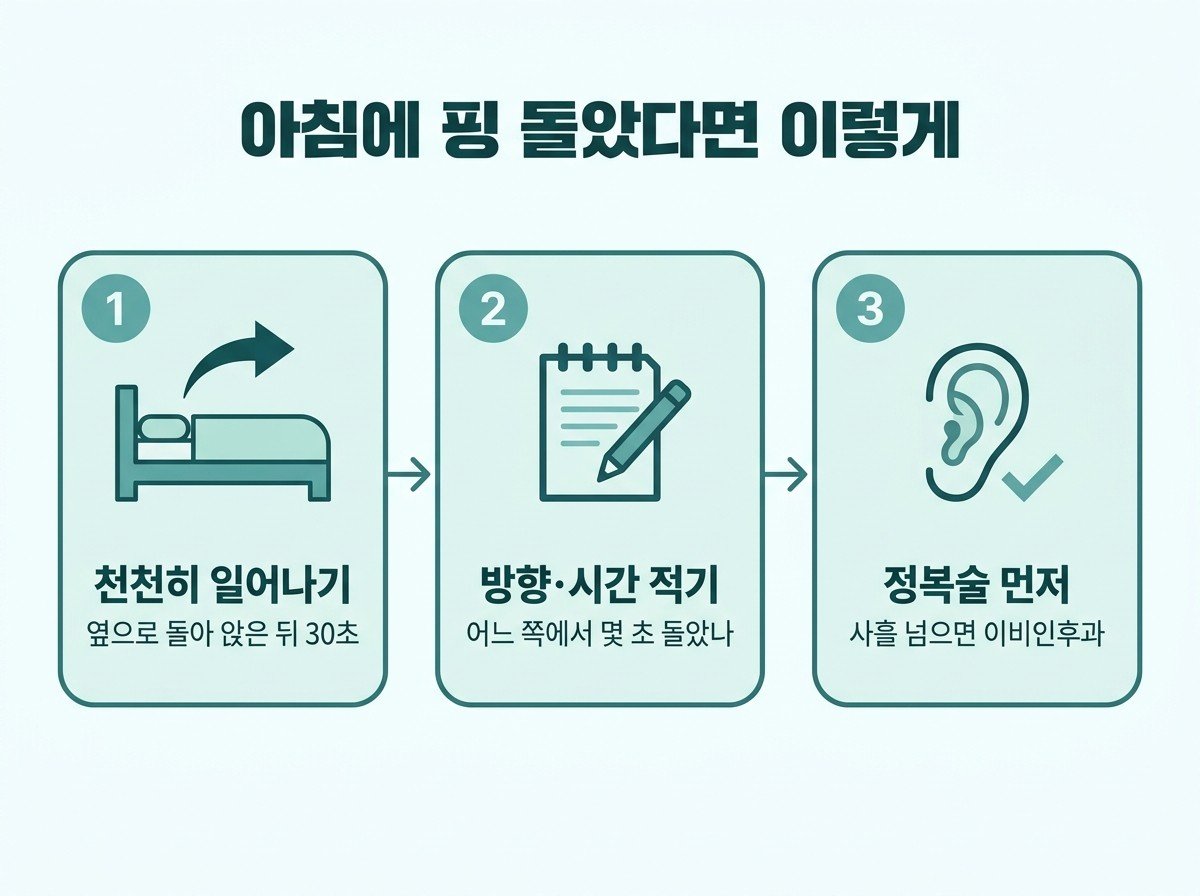 아침 어지럼이 오면 이렇게 하세요 — 옆으로 돌아 천천히 일어나기, 도는 방향과 시간 적기, 사흘 이어지면 정복술 먼저