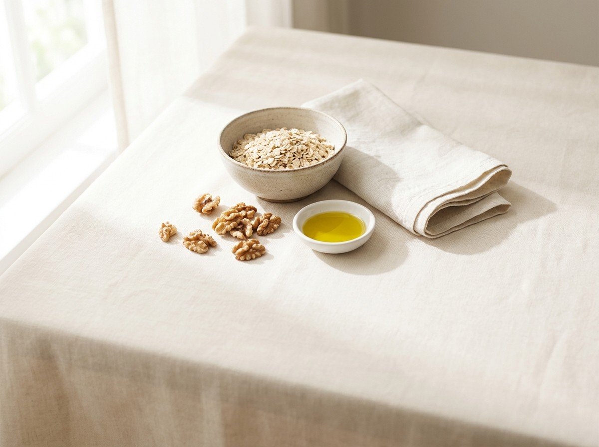 A small bowl of oatmeal, a few walnuts, a tiny dish of olive oil and a folded linen napkin grouped on cream linen in soft window light, with open linen below.
