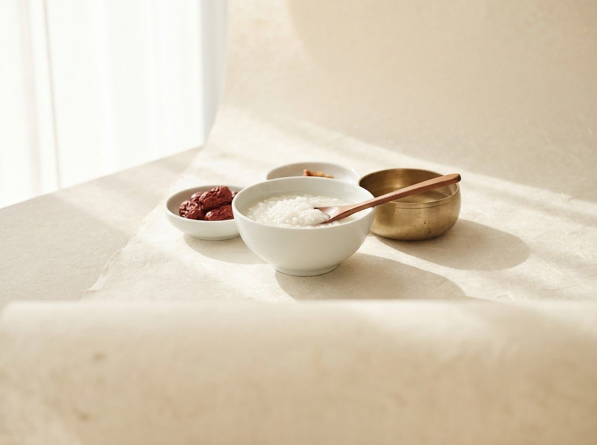 A white porcelain bowl of plain rice porridge with a wooden spoon, a small dish of dried jujubes and a brass bowl grouped on cream hanji paper in soft window light