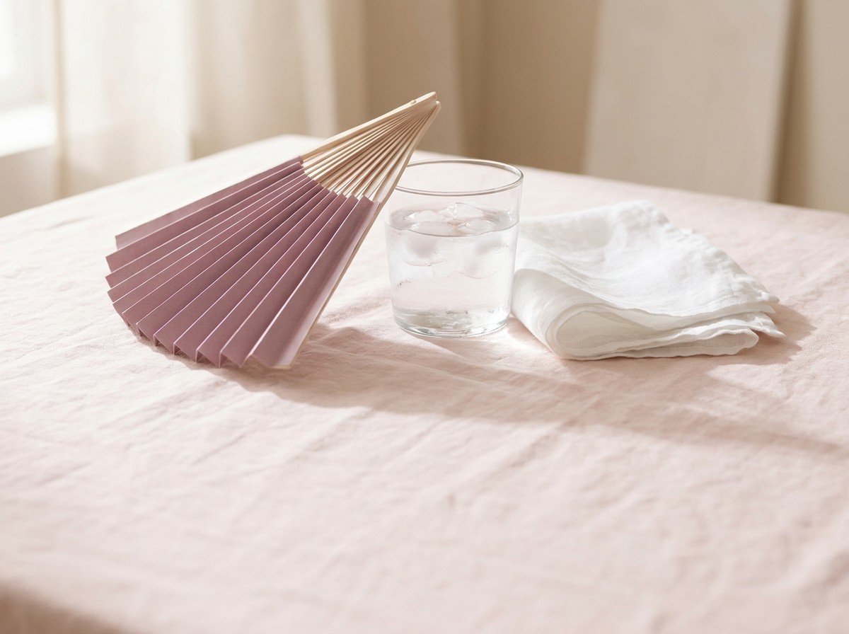 A pale plum paper hand fan, a glass of iced water and a folded white linen sheet clustered on blush linen, lower third empty