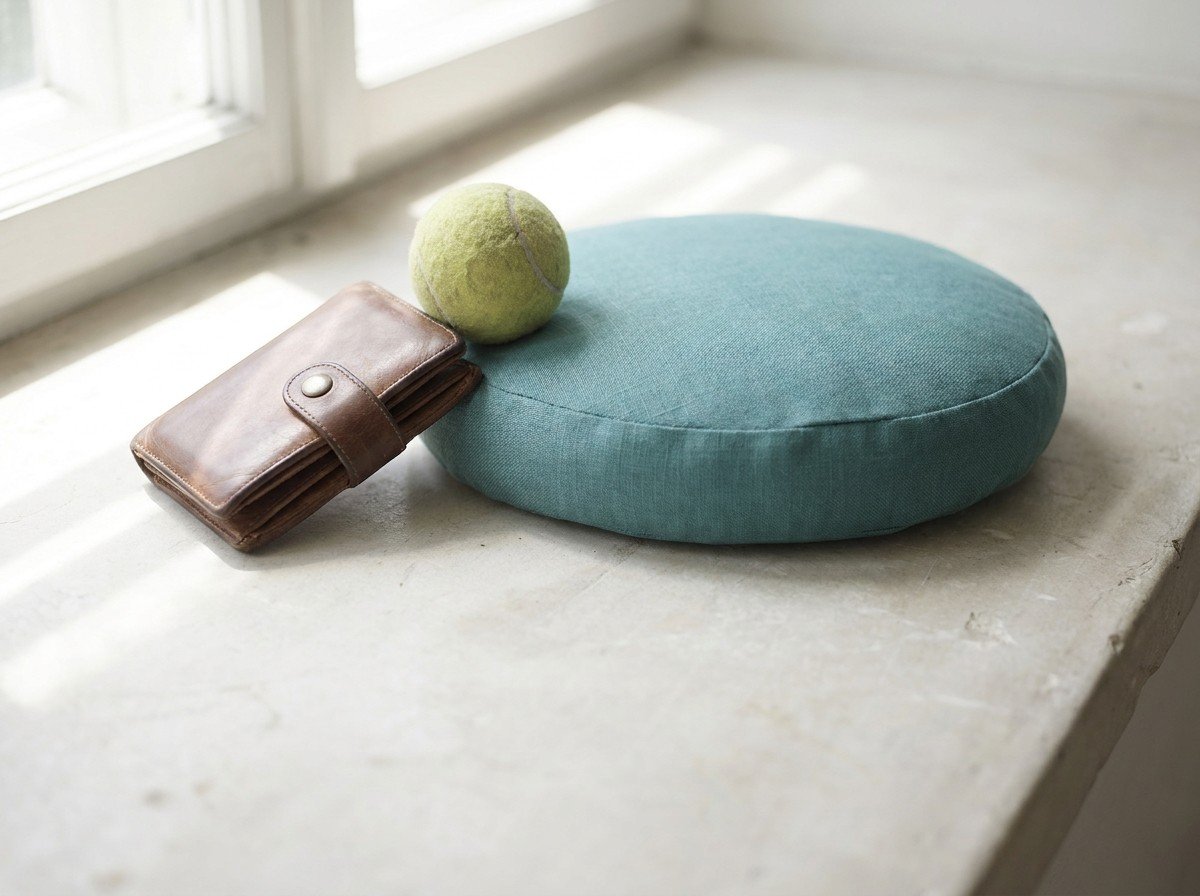 A round teal seat cushion with a tennis ball on it beside a thick brown leather wallet on a pale stone window ledge in soft daylight