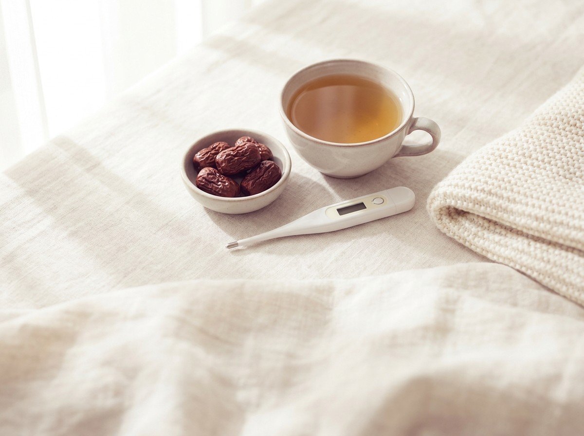 A white basal thermometer with a blank display, a cup of warm barley tea, dried jujubes and a cream knitted blanket clustered on cream linen