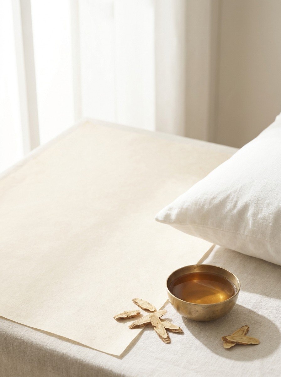 The corner of a white linen pillow, a small brass bowl of amber herbal tea and dried astragalus slices on the lower right of cream hanji paper, upper left of the frame left empty