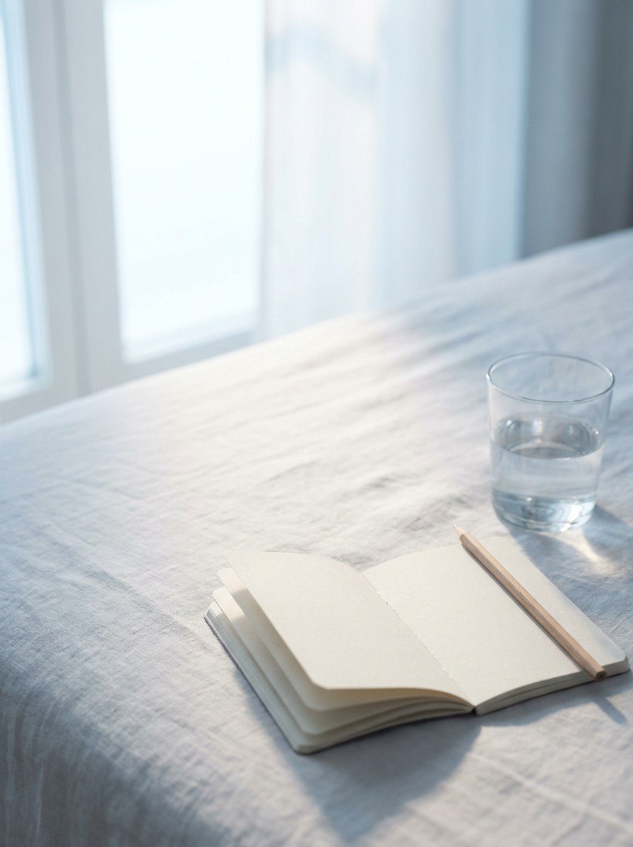 A small open blank notebook with a pencil and a clear glass of water in the lower right of a pale gray linen bed, upper left empty