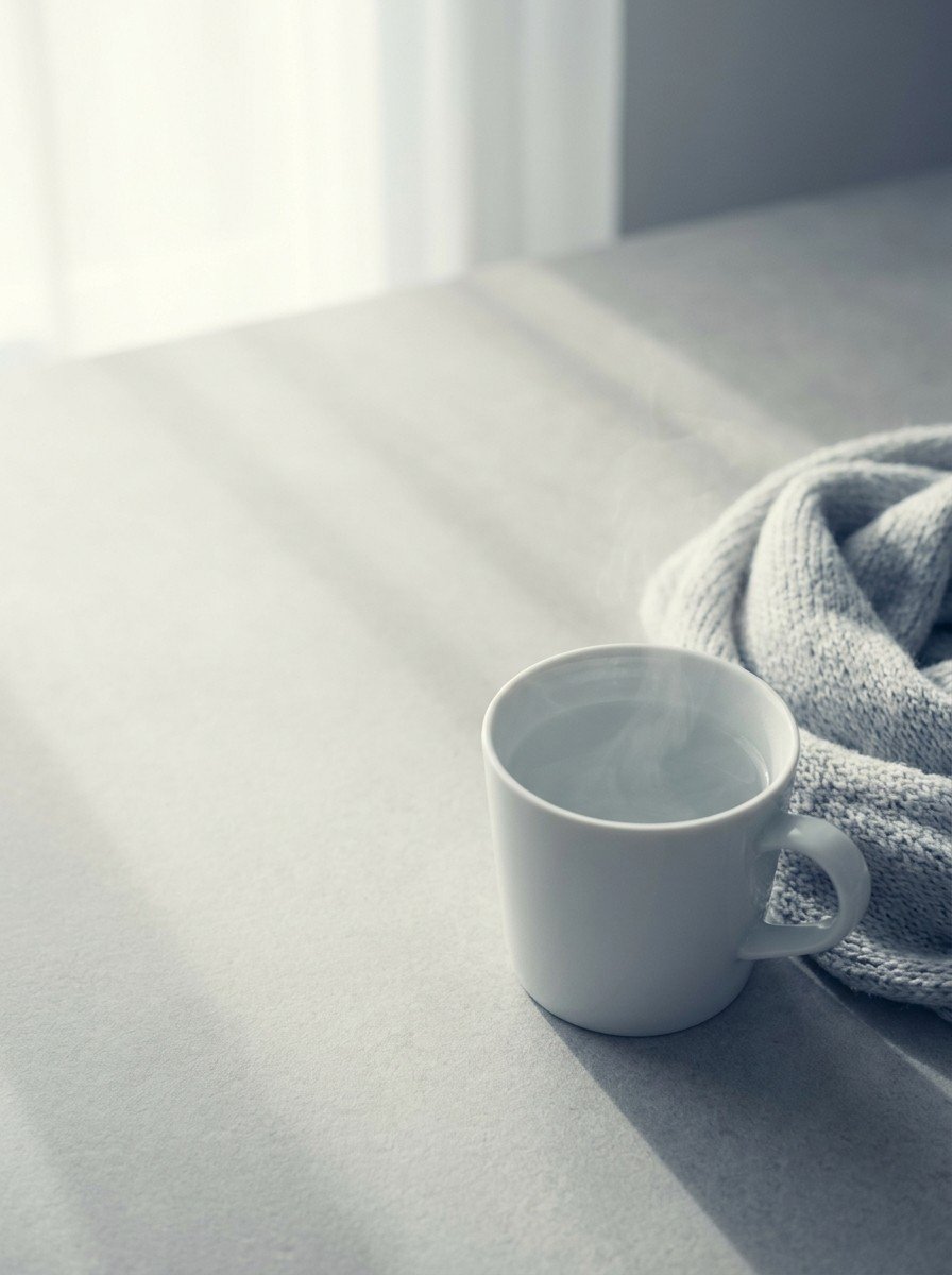 A white mug of warm water and a folded pale gray knitted scarf in the lower right of a light gray stone surface, upper left empty