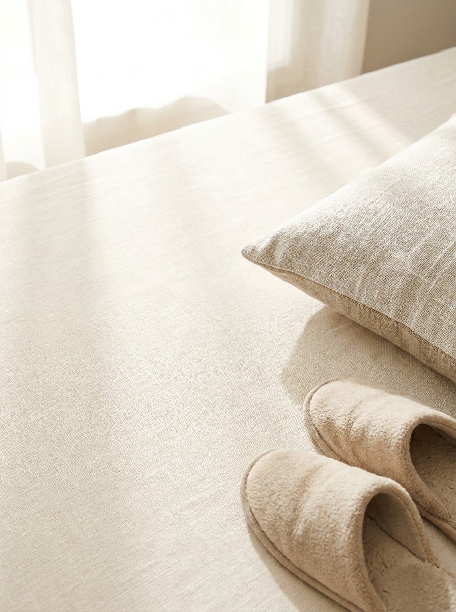A low linen cushion and a pair of soft beige house slippers at the lower-right of a cream linen surface, the upper-left left empty in soft window light.