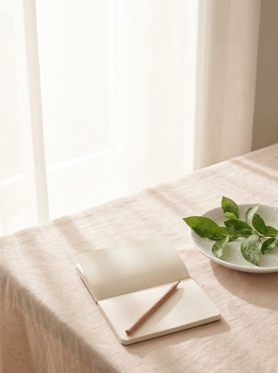 An open blank notebook with a pencil and a white porcelain dish of fresh green leaves in the lower right of cream-rose linen, upper left empty
