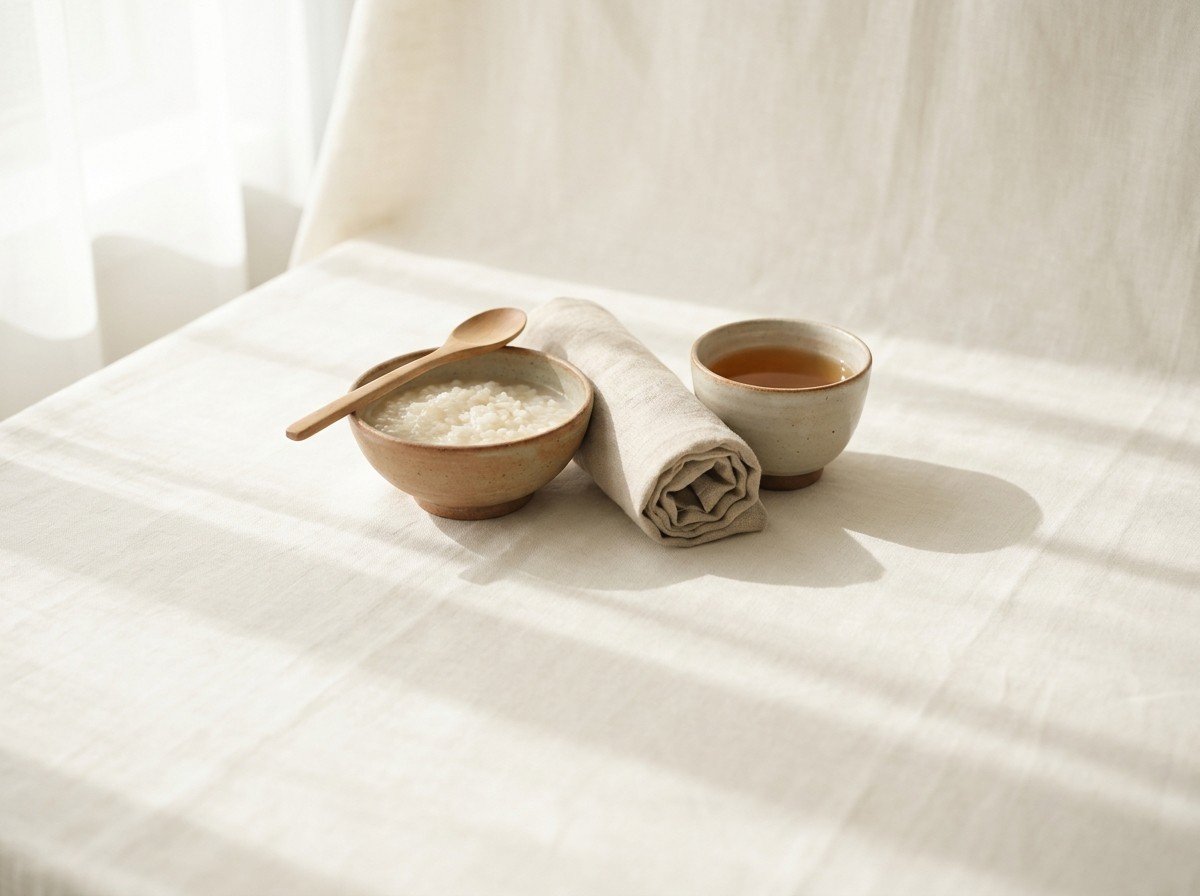 A small clay bowl with a half portion of rice porridge and a wooden spoon, a rolled linen cushion and a cup of barley tea clustered on cream linen, lower third empty