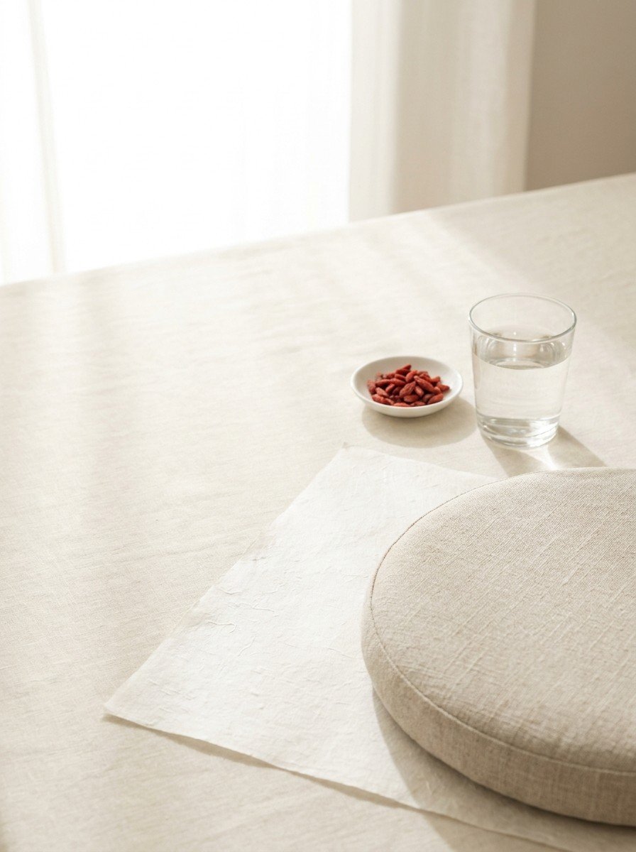 A round oatmeal linen seat cushion, a glass of warm water and a small white dish of dried goji berries on cream linen and hanji paper, upper left of the frame left empty