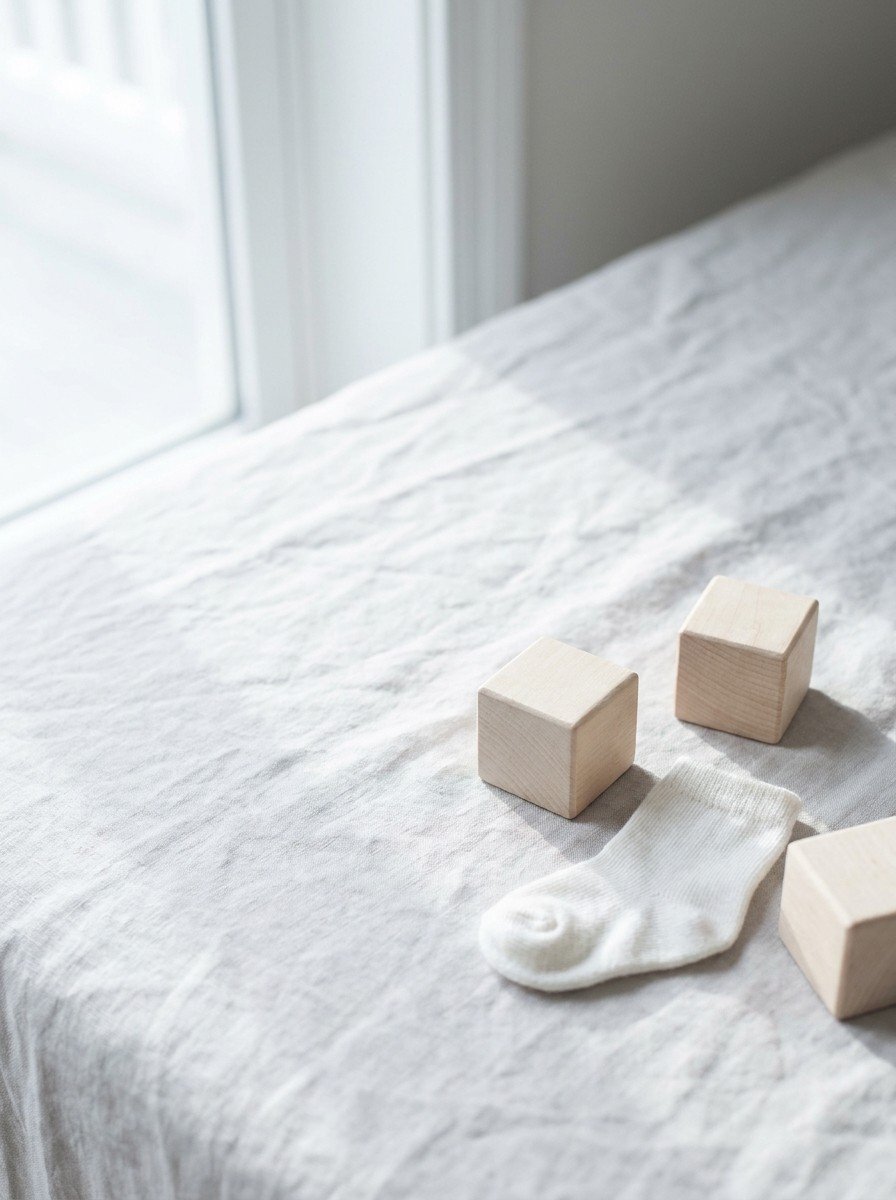 Plain wooden toy blocks and a small white child's sock in the lower right of pale gray linen by a window, upper left empty