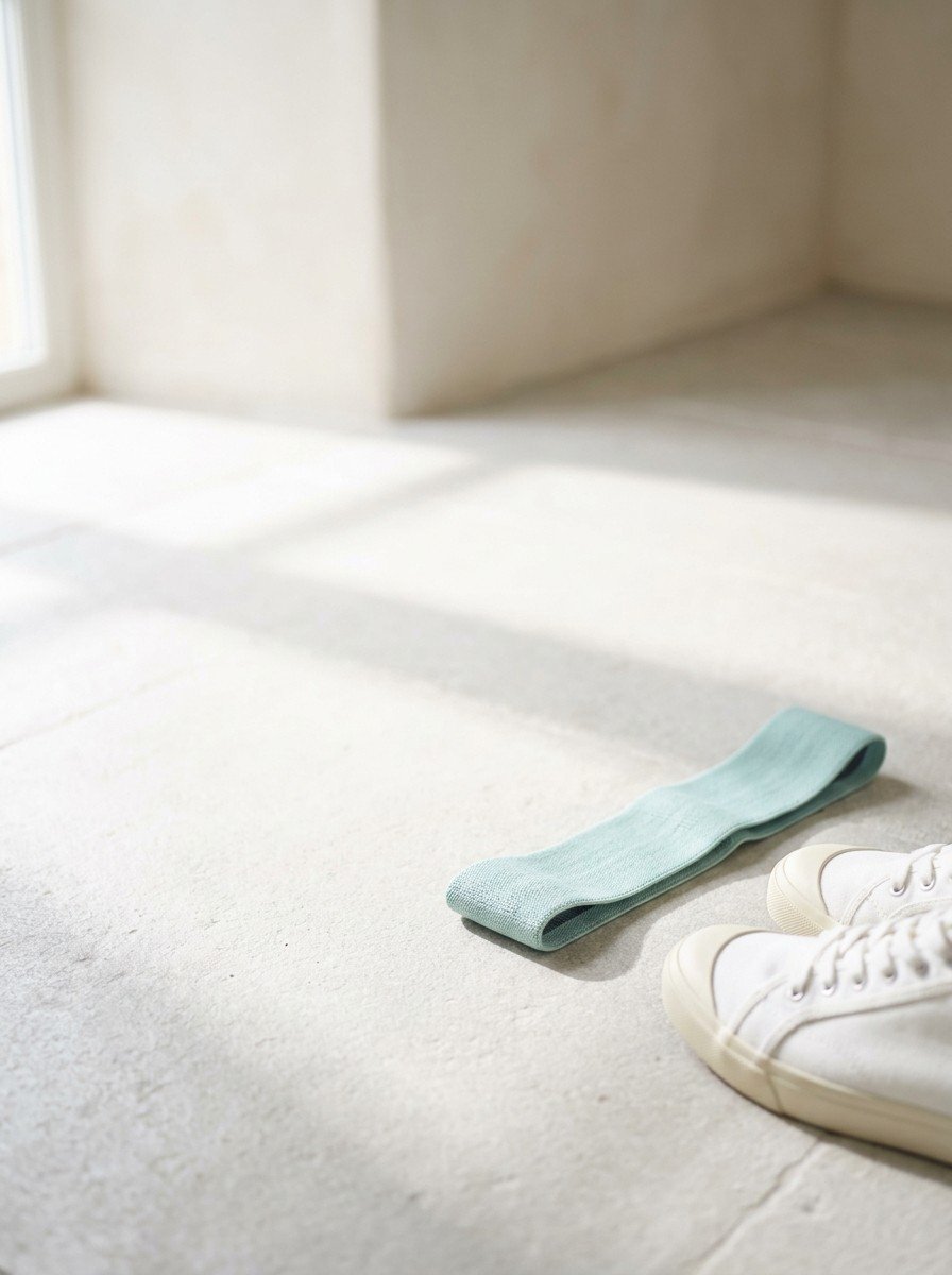 A teal fabric resistance loop band and a pair of white canvas walking shoes at the lower right of a pale stone floor, upper left of the frame left empty