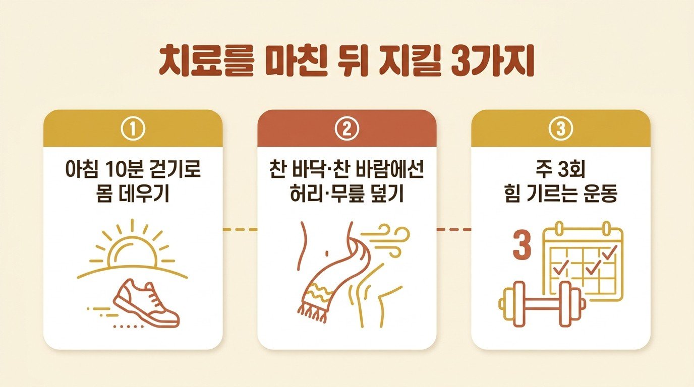 치료를 마친 뒤 지킬 3가지 — 아침 10분 걷기로 몸 데우기, 찬 바닥·찬 바람에선 허리·무릎 덮기, 주 3회 힘 기르는 운동