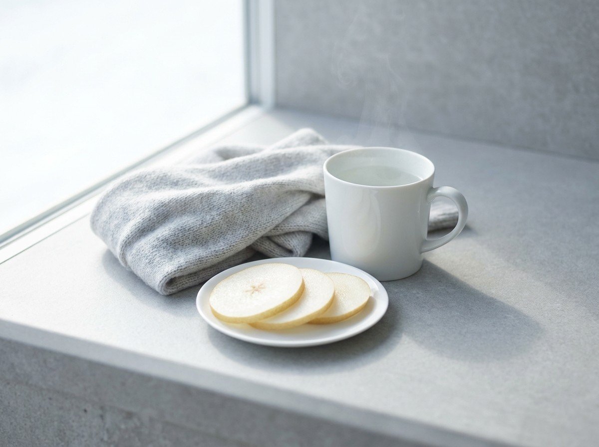 A white mug of warm water, a folded pale gray knitted scarf and a small plate of sliced Asian pear clustered on a light gray stone sill by a window