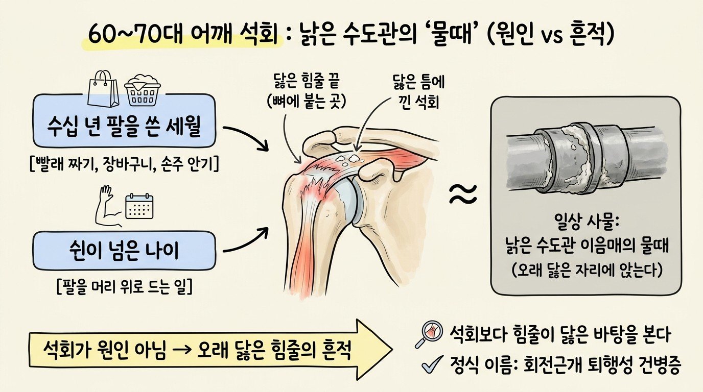 60~70대 어깨의 석회를 낡은 수도관 이음매의 물때에 빗대어, 닳은 힘줄 끝 틈에 석회가 끼는 과정을 보여 주는 개념 지도