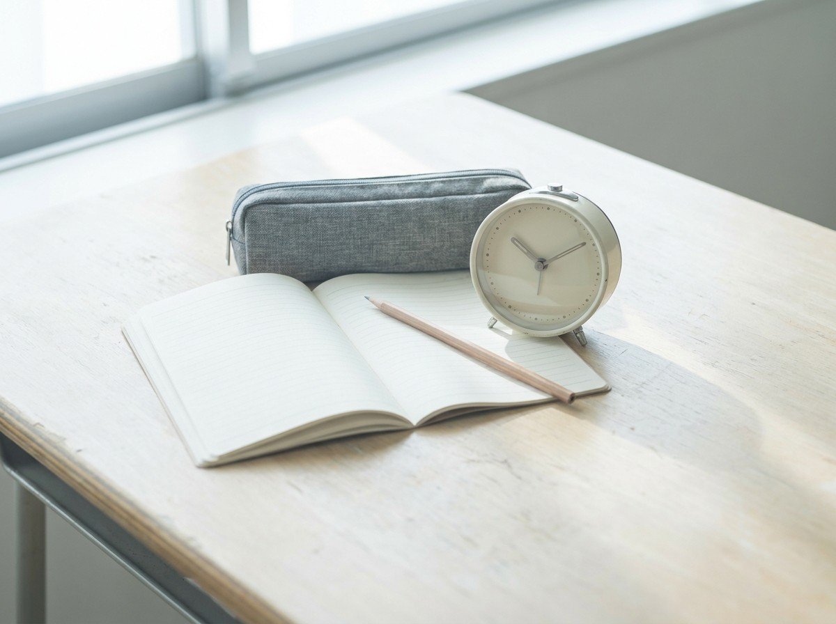 An open lined notebook with a pencil, a small round alarm clock with a plain dial and a gray fabric pencil case clustered in the middle of a pale wooden school desk by a window