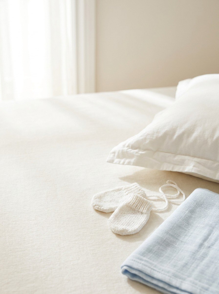 The corner of a white cotton pillow, tiny white cotton mittens and a folded pale blue cotton child's blanket on the lower right of cream linen, upper left of the frame left empty
