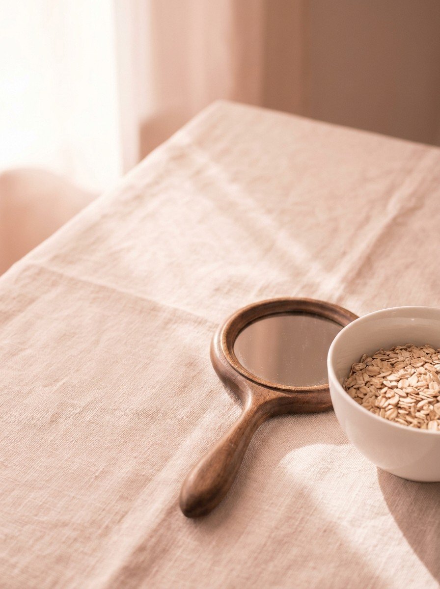 A small round wooden hand mirror lying on cream-rose linen beside a white porcelain bowl of rolled oats in the lower right, upper left empty