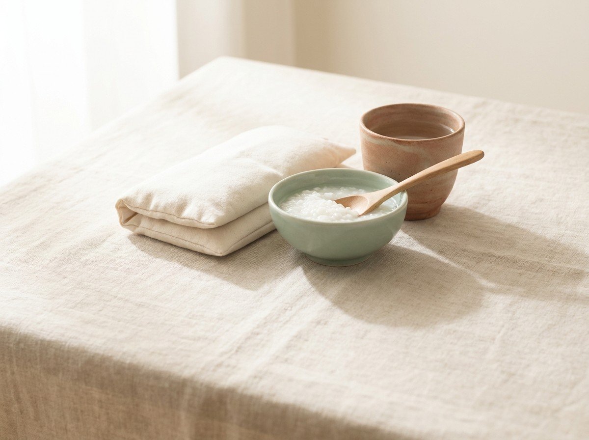 A folded cream cloth heat pack, a celadon bowl of plain rice porridge with a wooden spoon and a clay cup of warm water clustered on beige linen, lower third empty